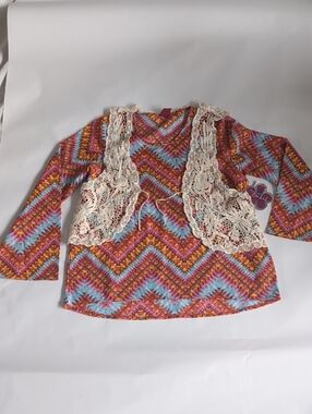 Girls Pink & Blue Chevron Top With Crochet Vest - XL